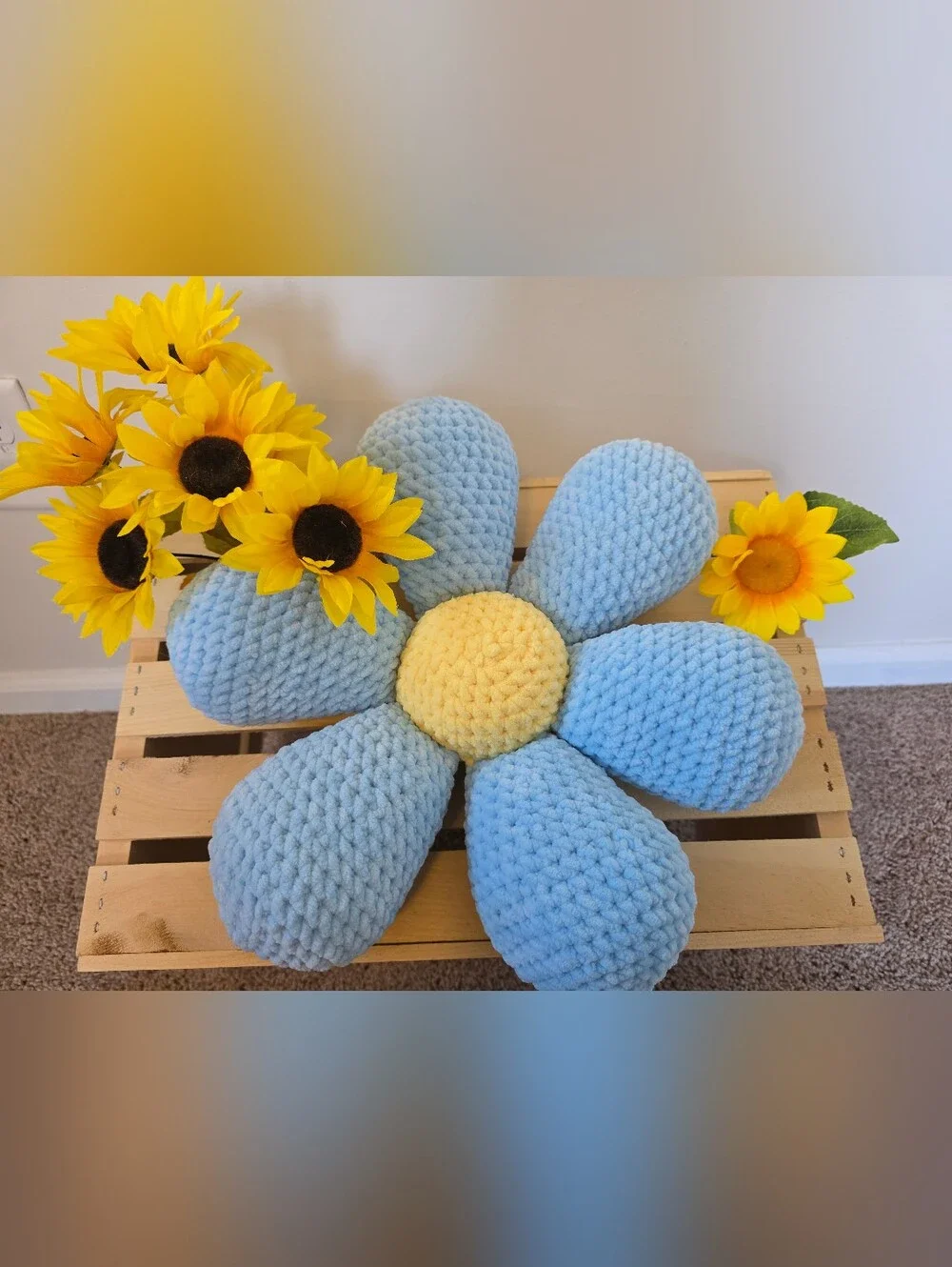 Handmade Crochet Flower Decorative Blue Daisy Pillow